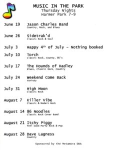 Schedule of summer concerts at Harmer Park, diverse music genres.